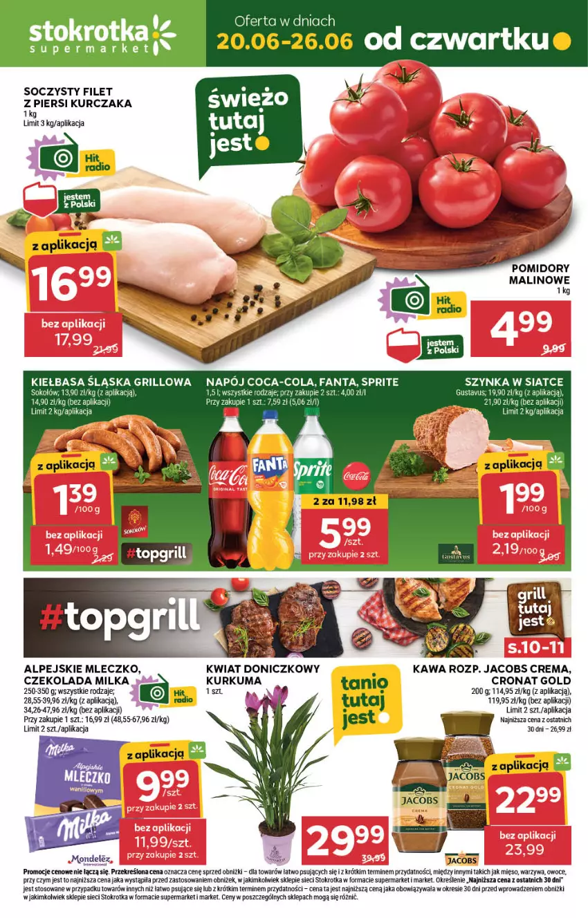 Gazetka promocyjna Stokrotka - Supermarket - ważna 20.06 do 26.06.2024 - strona 1 - produkty: Coca-Cola, Grill, Jacobs, Kawa, Kurczak, LG, Mięso, Mleczko, Owoce, Pomidory, Szynka, Warzywa