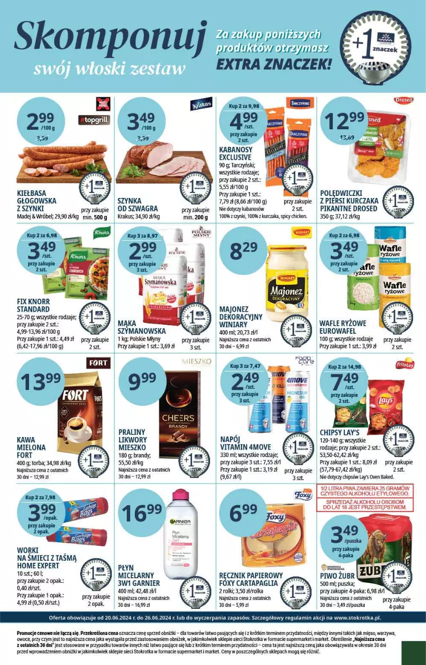 Gazetka promocyjna Stokrotka - Supermarket - ważna 20.06 do 26.06.2024 - strona 15 - produkty: Brandy, Chipsy, Foxy, Garnier, Gra, Kabanos, Kawa, Kiełbasa, Knorr, Krakus, Kurczak, Majonez, Mąka, Mięso, Napój, Owoce, Papier, Piwa, Polskie Młyny, Praliny, Ręcznik, Rolki, Ryż, Tarczyński, Torba, Wafle, Warzywa, Winiary