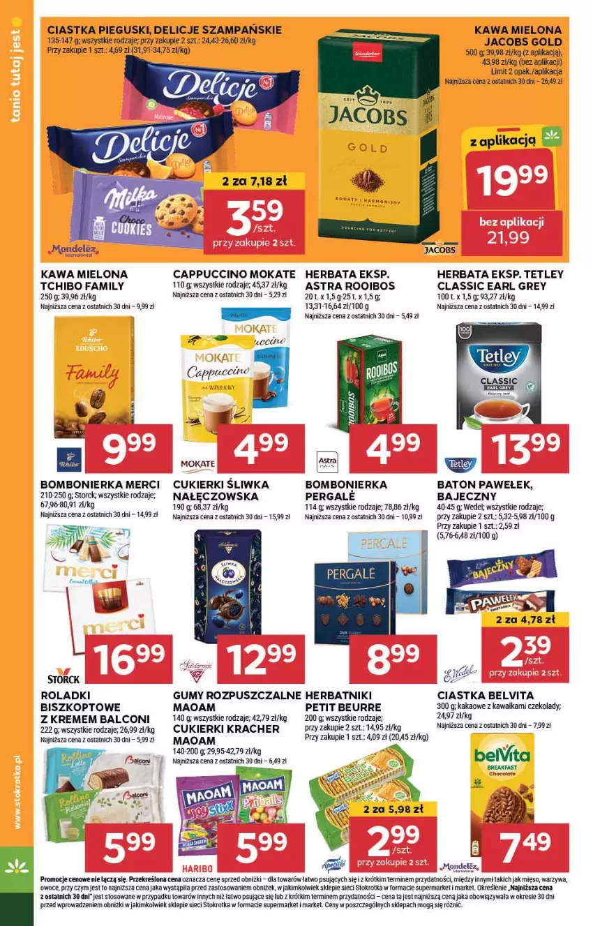 Gazetka promocyjna Stokrotka - Supermarket - ważna 20.06 do 26.06.2024 - strona 16 - produkty: Alcon, Baton, BelVita, Cappuccino, Ciastka, Cukier, Cukierki, Delicje, Earl Grey, Fa, Herbata, Herbatniki, Jacobs, Kakao, Kawa, Kawa mielona, Merci, Mięso, Owoce, Tchibo, Tchibo Family, Tetley, Warzywa