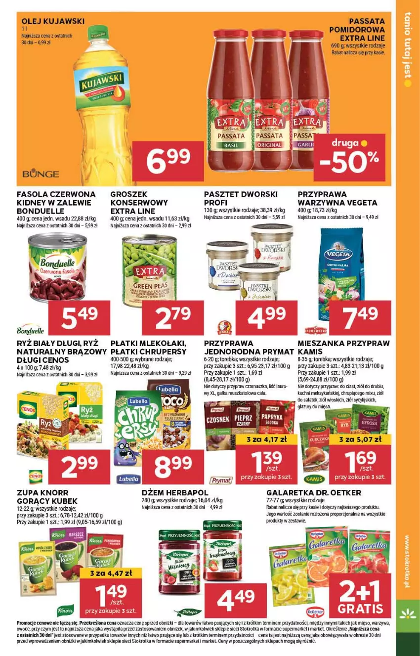 Gazetka promocyjna Stokrotka - Supermarket - ważna 20.06 do 26.06.2024 - strona 17 - produkty: Bell, Bella, Bonduelle, Cenos, Dr. Oetker, Dżem, Fa, Fasola, Gala, Galaretka, Gałka, Groszek, Herbapol, Kamis, Knorr, Kubek, Kujawski, Laur, Lazur, Mięso, Mleko, Mus, Olej, Owoce, Pasztet, Por, Prymat, Ryż, Ryż biały, Sałat, Ser, Torebka, Vegeta, Warzywa, Zupa