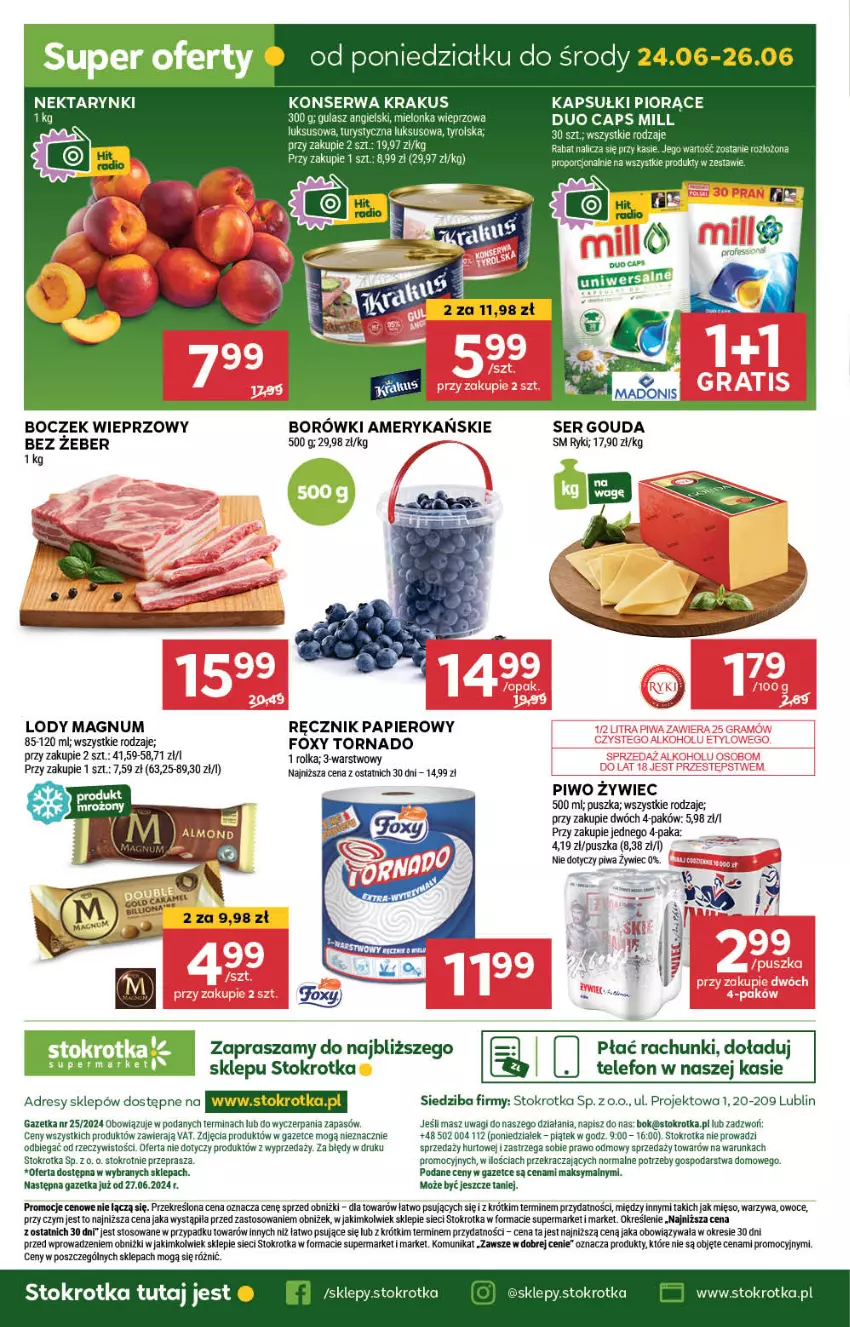 Gazetka promocyjna Stokrotka - Supermarket - ważna 20.06 do 26.06.2024 - strona 25 - produkty: Boczek, Boczek wieprzowy, Dres, Foxy, Gouda, JBL, Kawa, Krakus, Lody, Mięso, Nektar, O nas, Owoce, Papier, Piwa, Piwo, Ręcznik, Ser, Telefon, Wagi, Warzywa