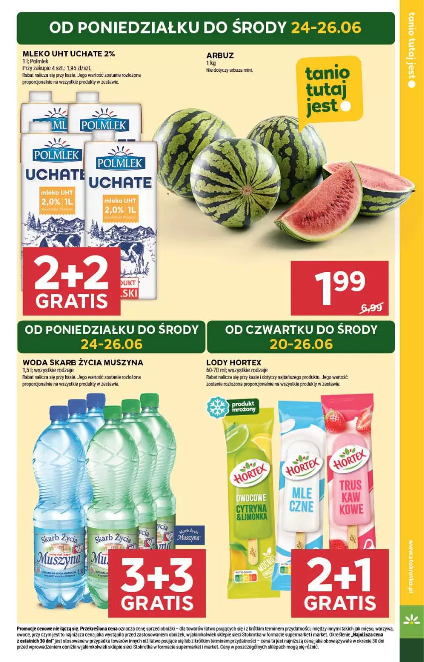 Gazetka promocyjna Stokrotka - Supermarket - ważna 20.06 do 26.06.2024 - strona 5 - produkty: Arbuz, Hortex, Lody, Mięso, Mleko, Mus, Owoce, POLMLEK, Por, Szyna, Warzywa, Woda