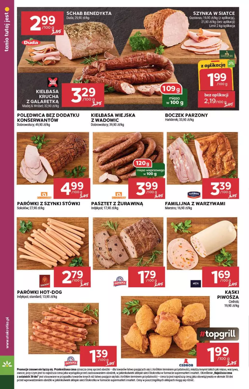 Gazetka promocyjna Stokrotka - Supermarket - ważna 20.06 do 26.06.2024 - strona 8 - produkty: Boczek, Duda, Gala, Kiełbasa, Kiełbasa krucha, Kiełbasa wiejska, Mięso, Owoce, Parówki, Parówki z szynki, Pasztet, Piwo, Polędwica, Schab Benedykta, Ser, Sok, Sokołów, Warzywa