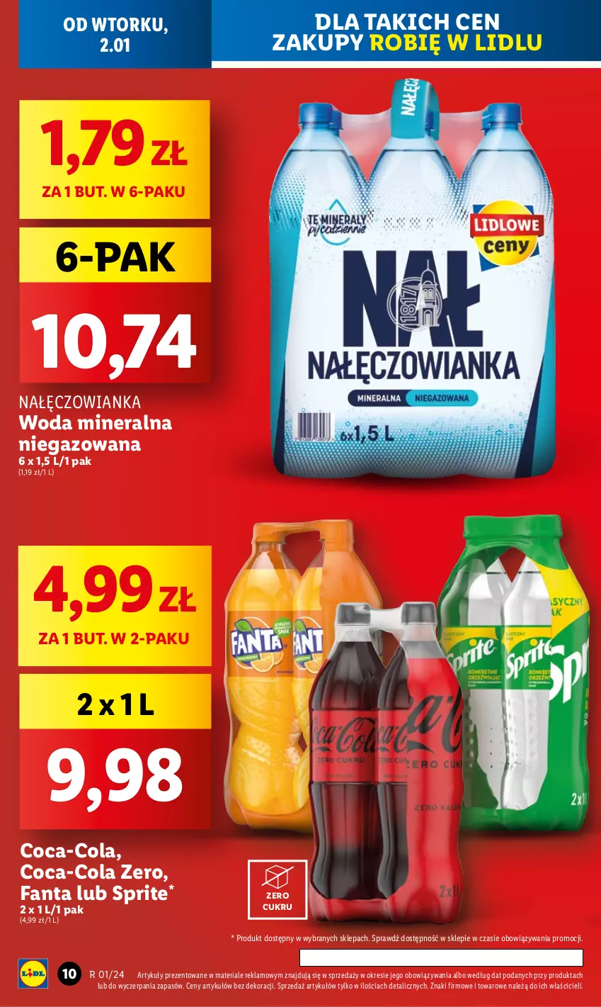 Gazetka promocyjna Lidl - GAZETKA - ważna 02.01 do 03.01.2024 - strona 10 - produkty: Coca-Cola, Fa, Fanta, Nałęczowianka, Sprite, Woda, Woda mineralna