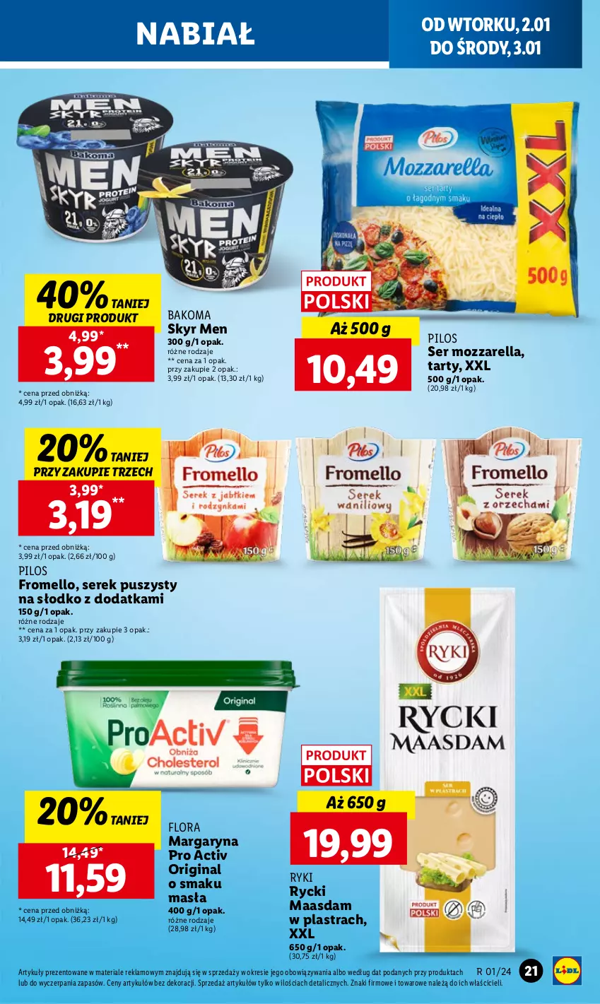 Gazetka promocyjna Lidl - GAZETKA - ważna 02.01 do 03.01.2024 - strona 21 - produkty: Bakoma, Flora, Gin, Maasdam, Margaryna, Mozzarella, Pilos, Ser, Serek, Serek puszysty