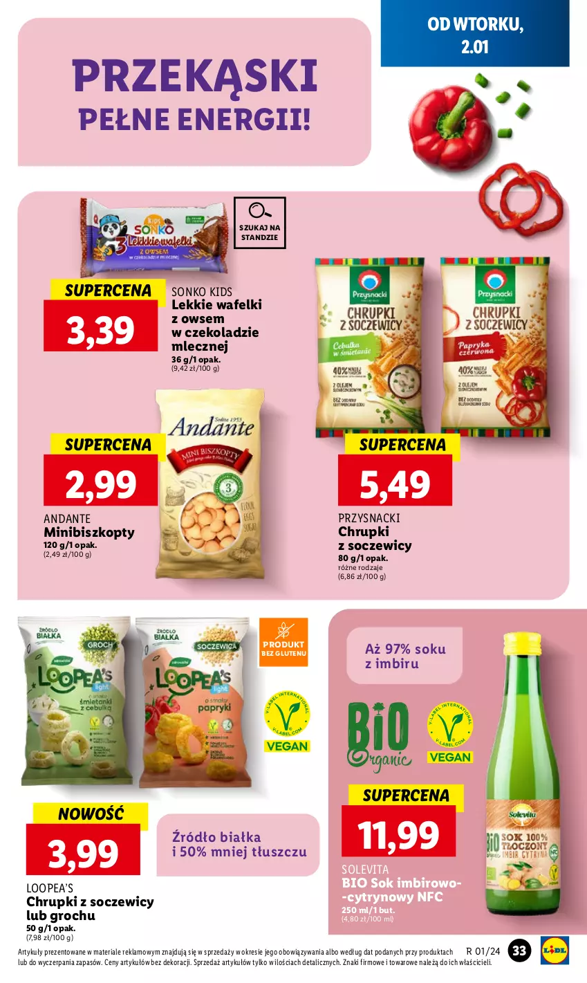 Gazetka promocyjna Lidl - GAZETKA - ważna 02.01 do 03.01.2024 - strona 35 - produkty: Biszkopty, Chrupki, Groch, Imbir, Przysnacki, Sok, Sonko