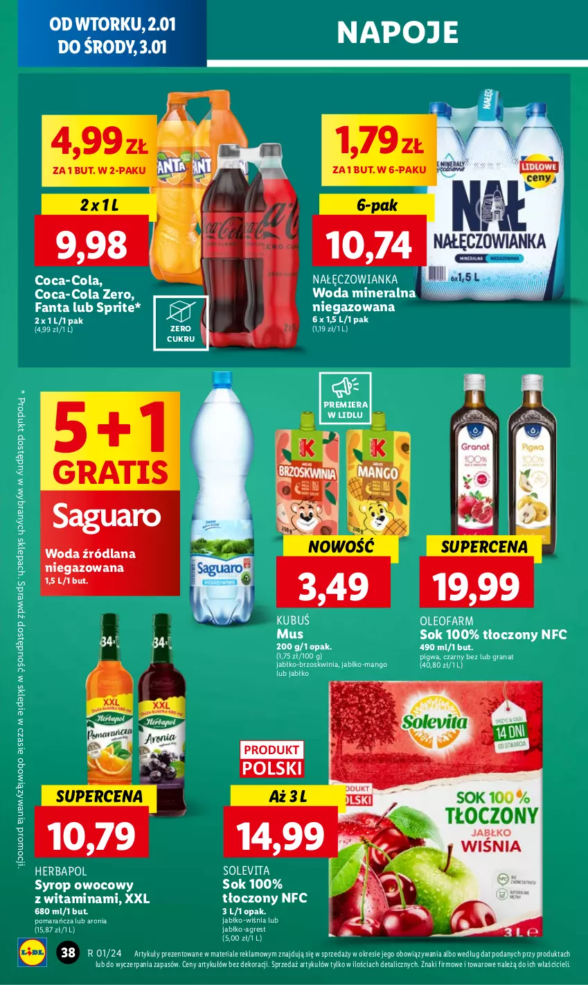 Gazetka promocyjna Lidl - GAZETKA - ważna 02.01 do 03.01.2024 - strona 40 - produkty: Aronia, Coca-Cola, Fa, Fanta, Gra, Granat, Gres, Herbapol, Kubuś, LANA, Mango, Mus, Nałęczowianka, Napoje, Oleo, Oleofarm, Sok, Sprite, Syrop, Woda, Woda mineralna