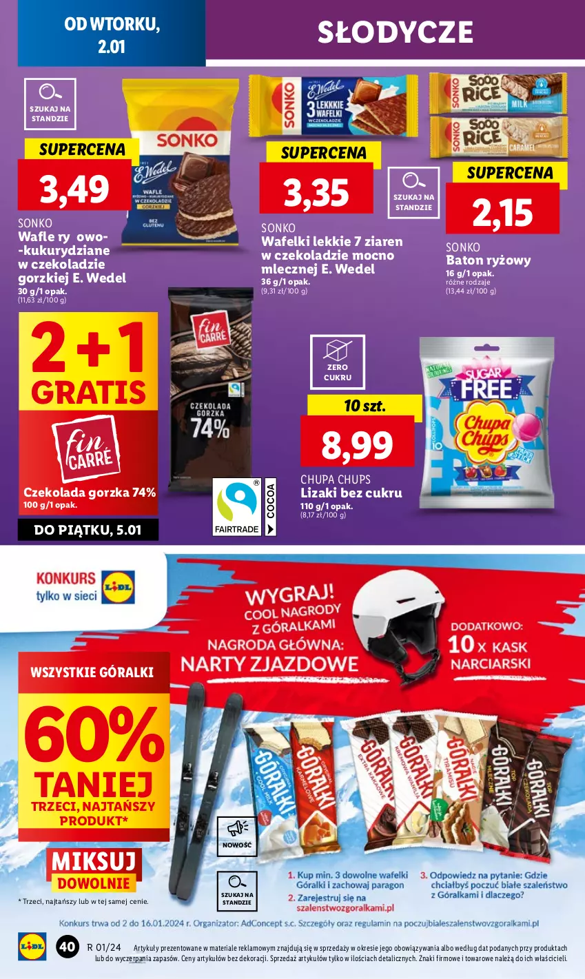 Gazetka promocyjna Lidl - GAZETKA - ważna 02.01 do 03.01.2024 - strona 42 - produkty: Baton, Chupa Chups, Czekolada, Czekolada gorzka, E. Wedel, Góralki, Gra, Lizaki, Ryż, Sonko, Wafle