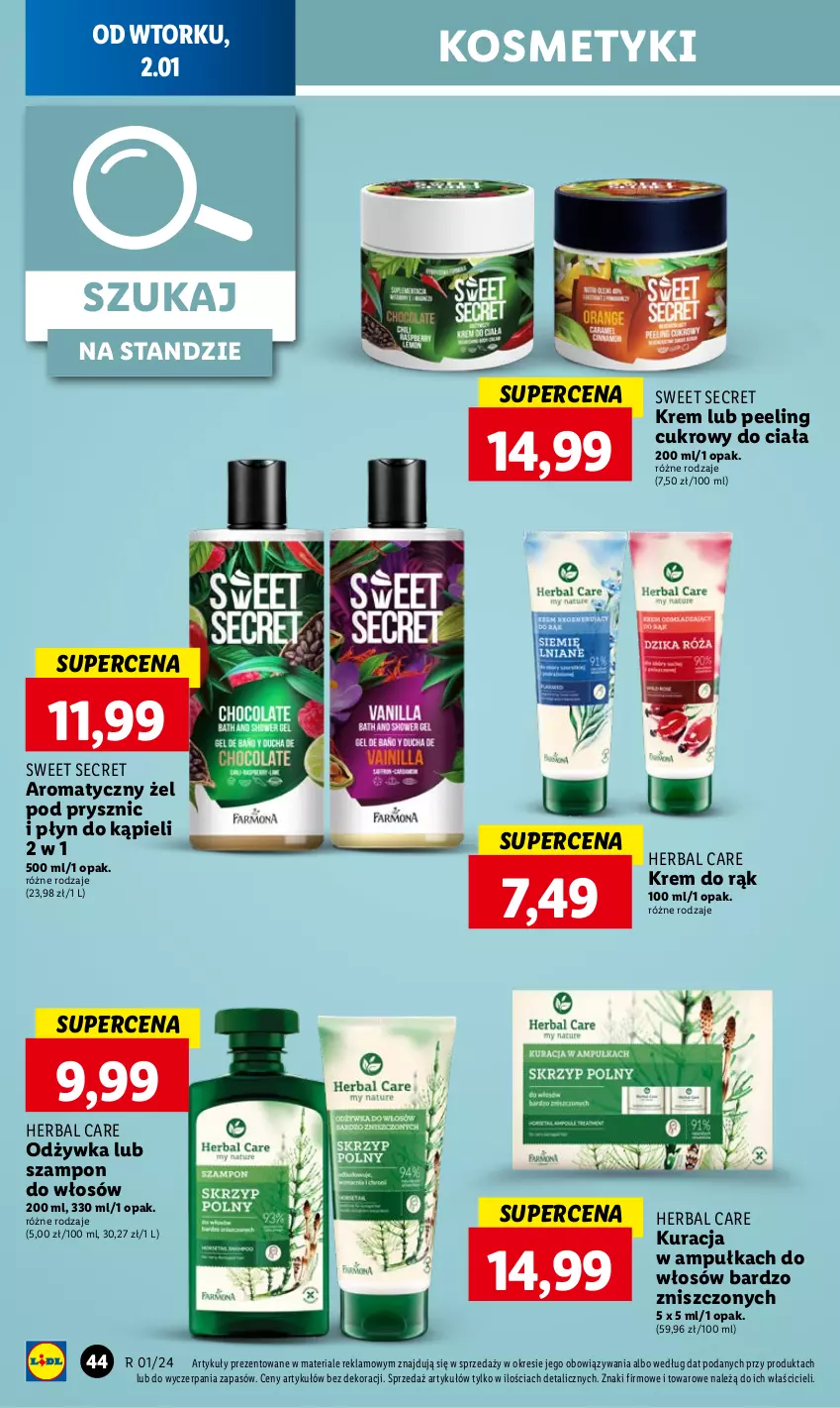 Gazetka promocyjna Lidl - GAZETKA - ważna 02.01 do 03.01.2024 - strona 46 - produkty: Krem do rąk, Odżywka, Peeling, Płyn do kąpieli, Szampon