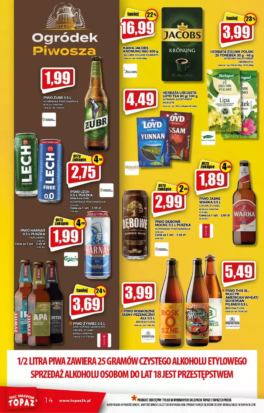 Gazetka promocyjna Topaz - Gazetka - ważna 14.10 do 20.10.2021 - strona 14 - produkty: Carlsberg, Fa, Gra, Herbapol, Herbata, Jacobs, Kawa, Kosz, Piwa, Piwo, Piwo jasne, Por, SESSIO, Sok, Top, Warka