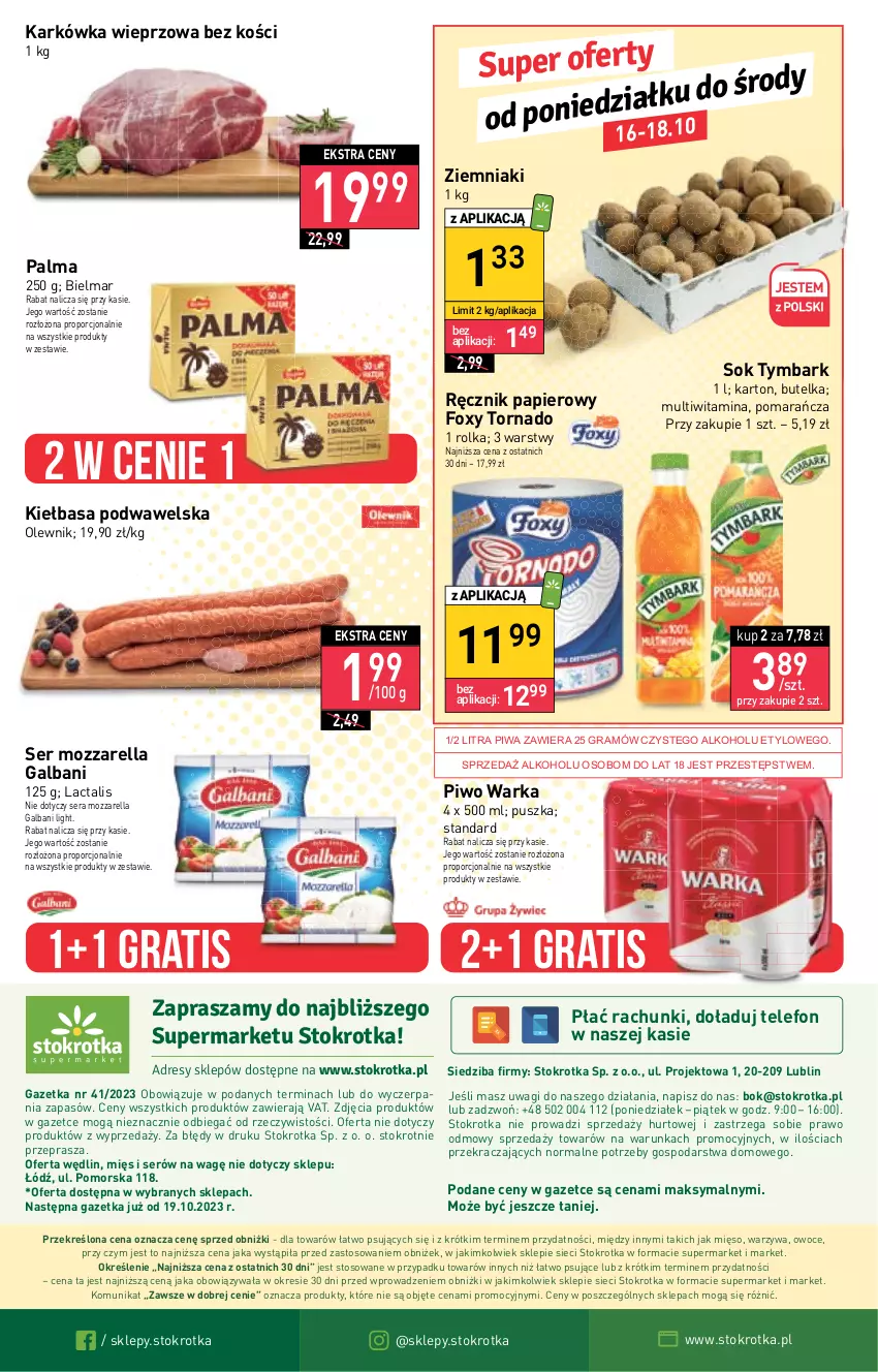 Gazetka promocyjna Stokrotka - Stokrotka Express - ważna 19.10 do 25.10.2023 - strona 21 - produkty: Dres, Foxy, Galbani, Gra, JBL, Karkówka wieprzowa, Kiełbasa, Kiełbasa podwawelska, Mięso, Mozzarella, O nas, Olewnik, Owoce, Palma, Papier, Piwa, Piwo, Por, Ręcznik, Ser, Sok, Telefon, Tymbark, Wagi, Warka, Warzywa, Wawel, Ziemniaki