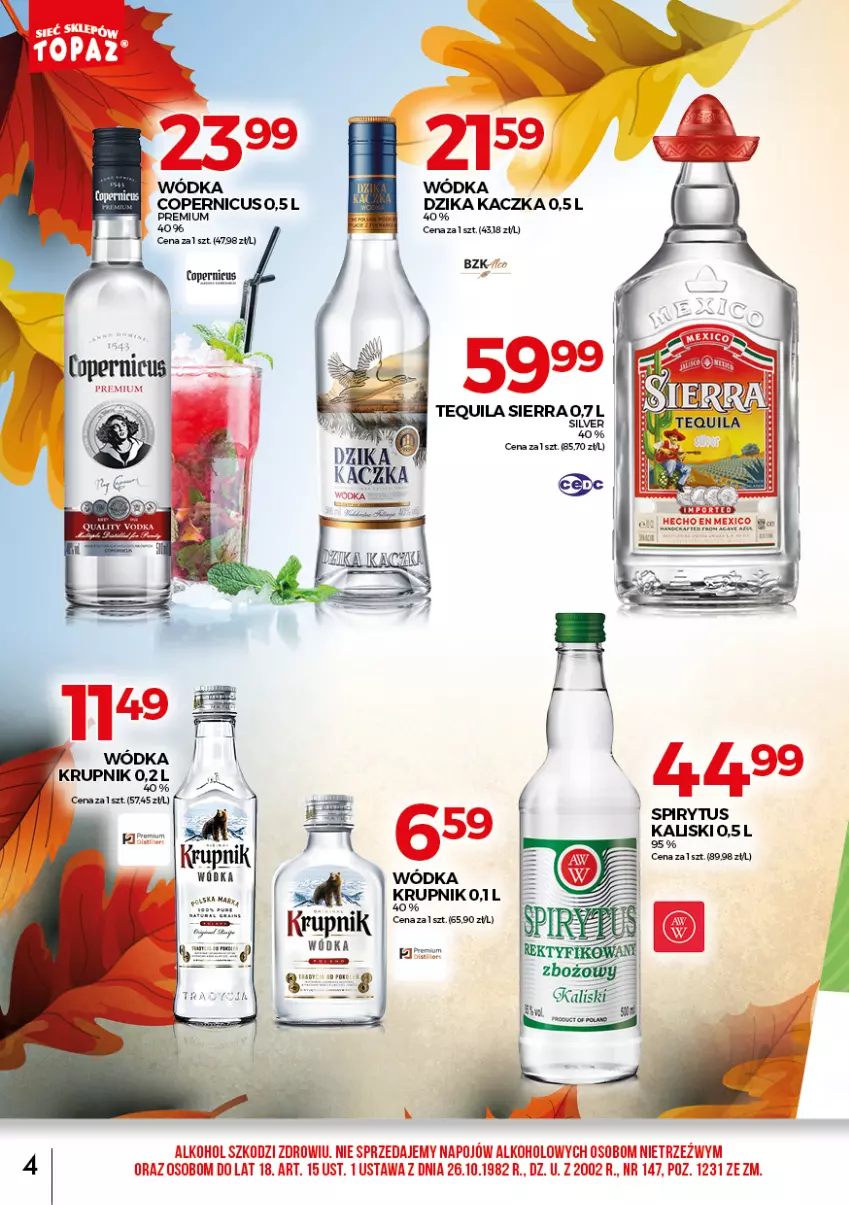 Gazetka promocyjna Topaz - Gazetka - ważna 01.10 do 31.10.2021 - strona 4 - produkty: Gra, Kaczka, Krupnik, Tequila, Wódka