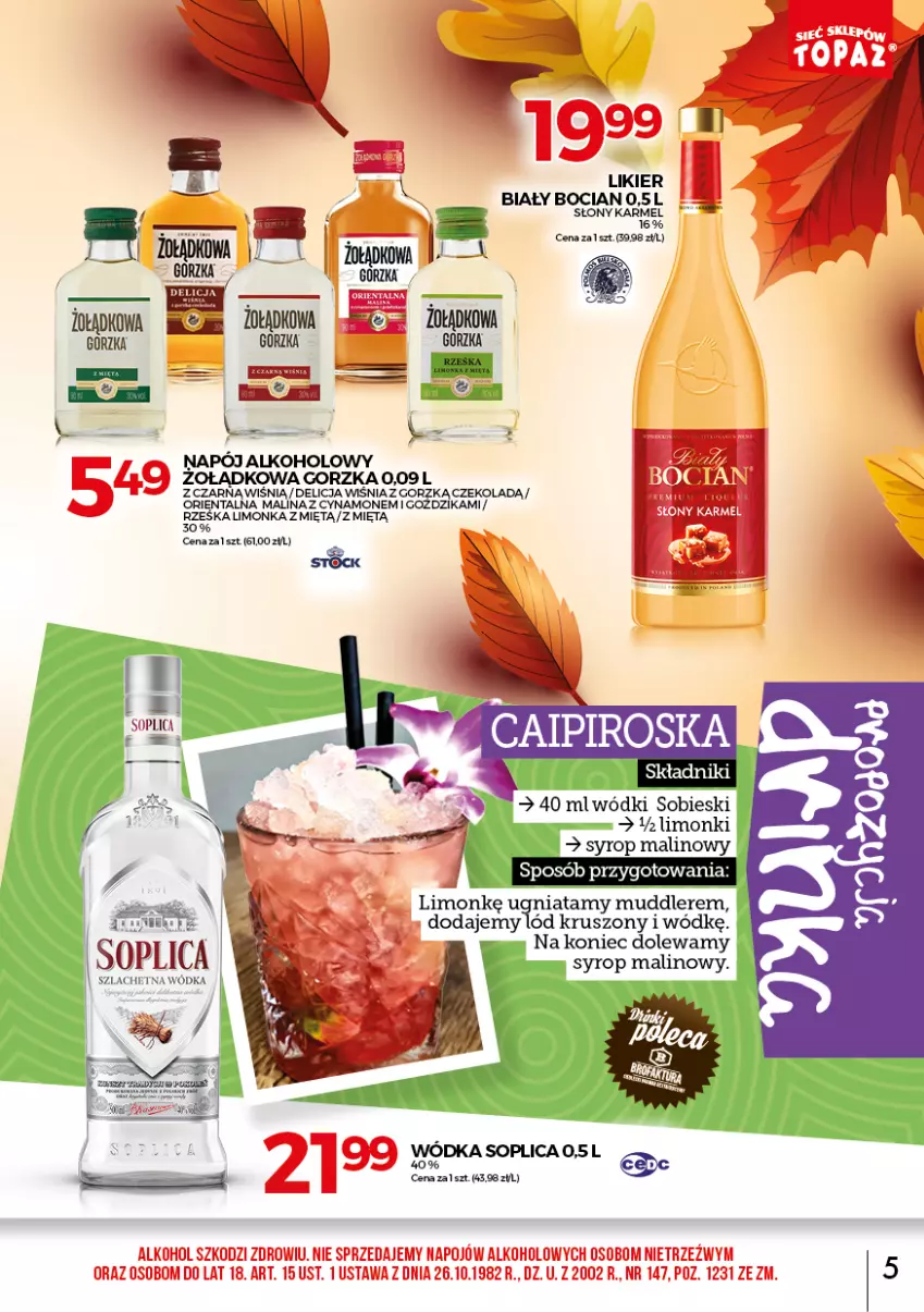 Gazetka promocyjna Topaz - Gazetka - ważna 01.10 do 31.10.2021 - strona 5 - produkty: Biały Bocian, Limonka, Napój, Soplica, Syrop, Wódka