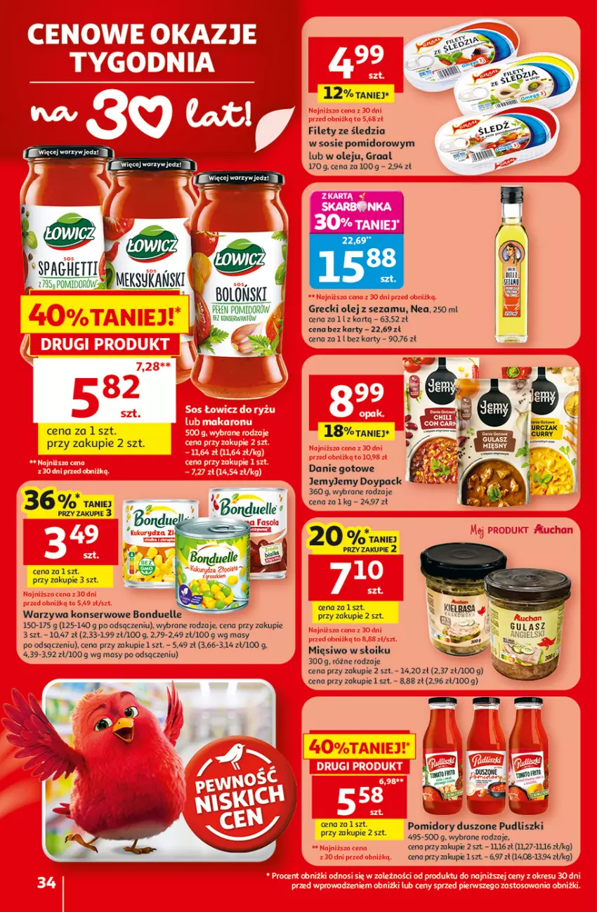 Gazetka promocyjna Auchan - Gazetka 30 Lat Hipermarket Auchan - ważna 29.04 do 06.05.2026 - strona 34 - produkty: Bonduelle, Danie gotowe, Gra, Graal, Olej, Pomidory, Ser, Sezam, Sos, Warzywa, Warzywa konserwowe