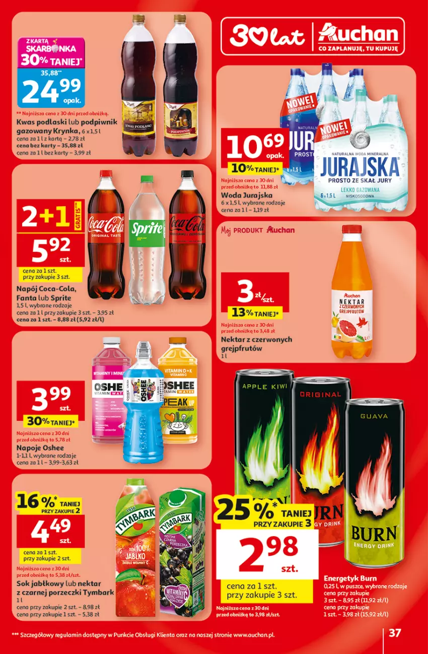 Gazetka promocyjna Auchan - Gazetka 30 Lat Hipermarket Auchan - ważna 29.04 do 06.05.2026 - strona 37 - produkty: Coca-Cola, Fa, Fanta, Gin, Grejpfrut, Napój, Napoje, Nektar, Oshee, Podlaski, Por, Sok, Sok jabłkowy, Sprite, Tymbark, Woda