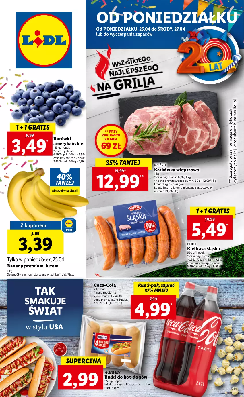 Gazetka promocyjna Lidl - GAZETKA - ważna 25.04 do 27.04.2022 - strona 1 - produkty: Banany, Coca-Cola, Gra, Karkówka wieprzowa, Kiełbasa, Kiełbasa śląska, Olej, PIKOK