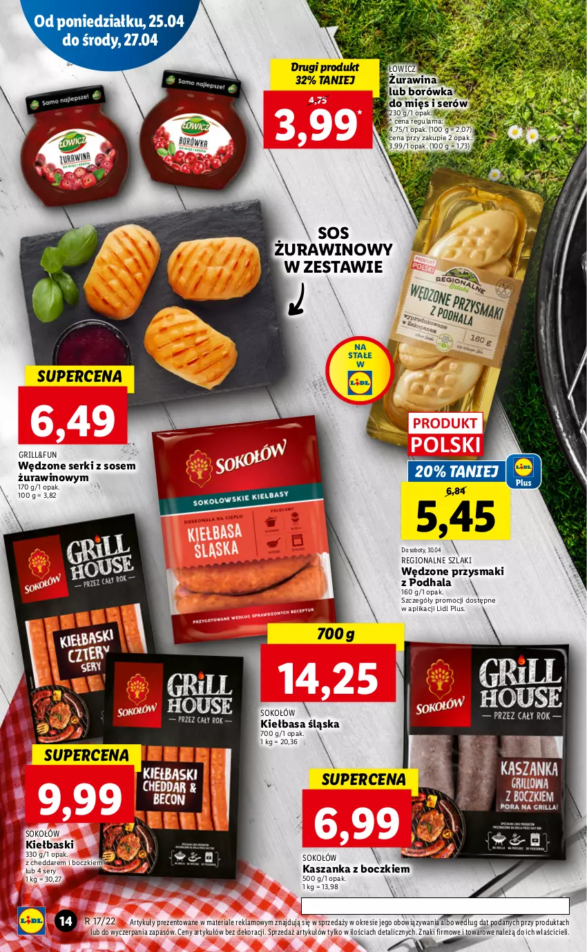 Gazetka promocyjna Lidl - GAZETKA - ważna 25.04 do 27.04.2022 - strona 14 - produkty: Borówka, Cheddar, Grill, Kasza, Kaszanka, Kiełbasa, Kiełbasa śląska, Przysmaki, Ser, Sok, Sokołów, Sos, Wino