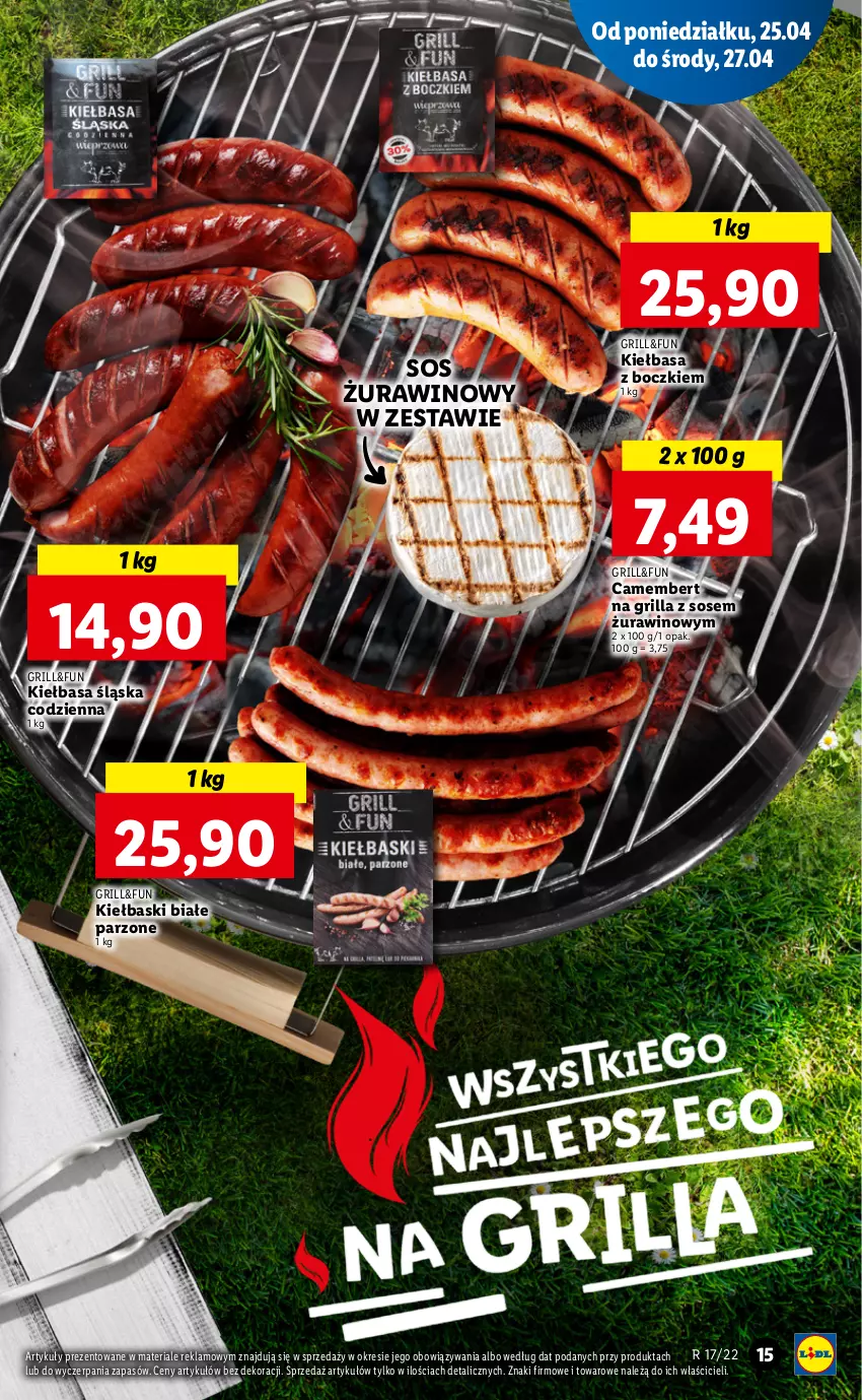 Gazetka promocyjna Lidl - GAZETKA - ważna 25.04 do 27.04.2022 - strona 15 - produkty: Camembert, Grill, Kiełbasa, Kiełbasa śląska, Kiełbaski białe, Sos, Wino