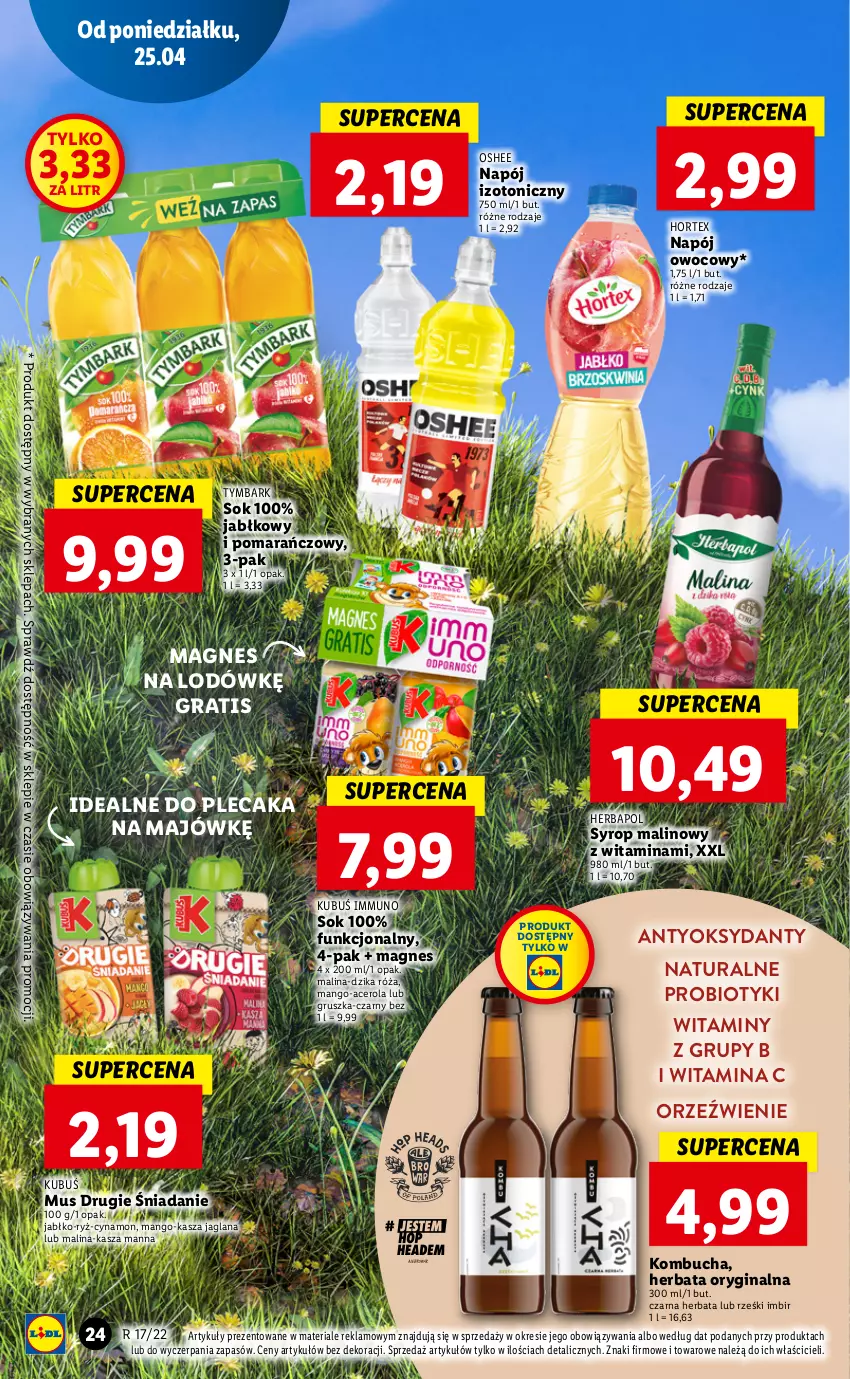 Gazetka promocyjna Lidl - GAZETKA - ważna 25.04 do 27.04.2022 - strona 24 - produkty: Acer, Dzika róża, Gin, Gra, Herbapol, Herbata, Hortex, Imbir, Kasza, Kasza jaglana, Kubuś, LANA, Mango, Mus, Napój, Napój izotoniczny, Oshee, Plecak, Probiotyk, Róża, Ryż, Sok, Syrop, Tymbark