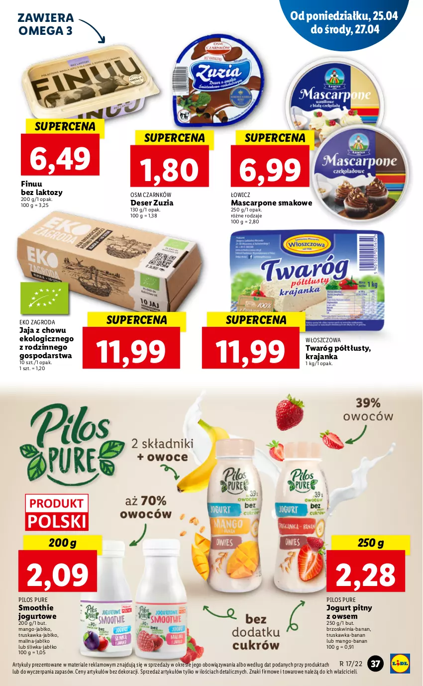 Gazetka promocyjna Lidl - GAZETKA - ważna 25.04 do 27.04.2022 - strona 37 - produkty: Deser, Finuu, Jaja, Jogurt, Jogurt pitny, Mango, Mascarpone, Pilos, Pur, Ser, Smoothie, Twaróg, Twaróg półtłusty