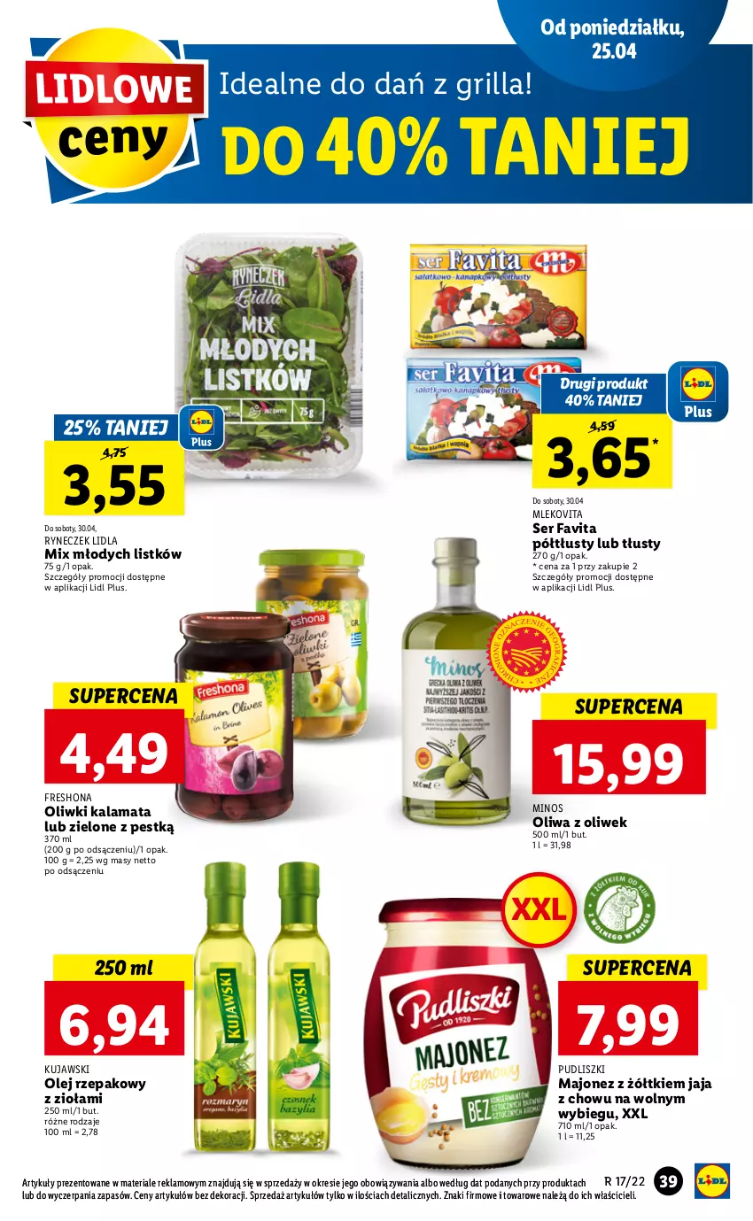 Gazetka promocyjna Lidl - GAZETKA - ważna 25.04 do 27.04.2022 - strona 39 - produkty: Fa, Favita, Grill, Jaja, Kujawski, Majonez, Mleko, Mlekovita, Olej, Olej rzepakowy, Oliwa z oliwek, Oliwki, Pudliszki, Ser