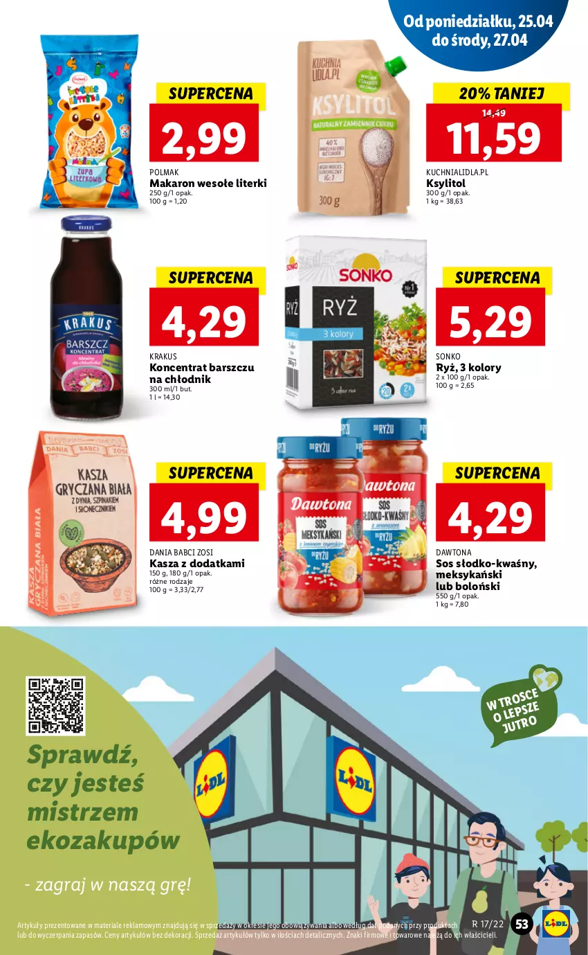 Gazetka promocyjna Lidl - GAZETKA - ważna 25.04 do 27.04.2022 - strona 53 - produkty: Dawtona, Gra, Kasza, Krakus, Ksylitol, Kuchnia, Makaron, Olma, Ryż, Sonko, Sos