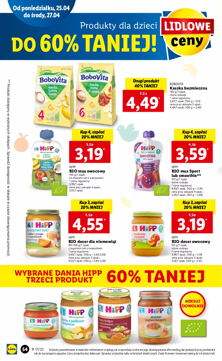 Gazetka promocyjna Lidl - GAZETKA - ważna 25.04 do 27.04.2022 - strona 54 - produkty: BoboVita, Deser, Deser owocowy, Dzieci, HiPP, Hipp Bio, Jogurt, Mus, Por, Ser, Smoothie, Sport, Warzywa