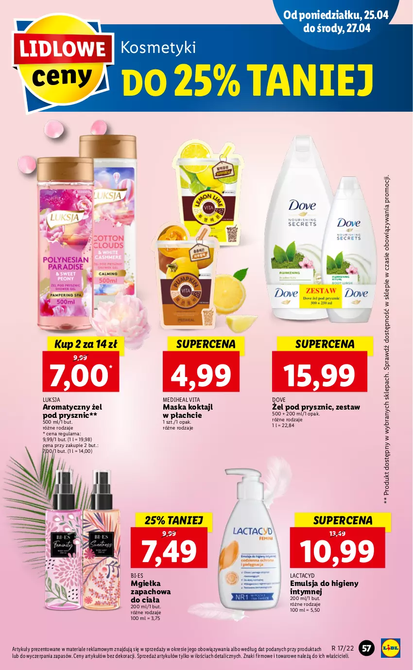 Gazetka promocyjna Lidl - GAZETKA - ważna 25.04 do 27.04.2022 - strona 57 - produkty: Dove, Emulsja, Lactacyd, Luksja, Maska