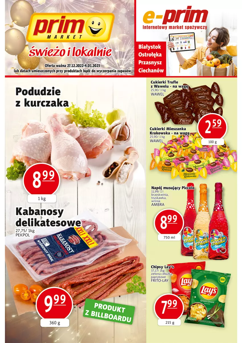 Gazetka promocyjna Prim Market - ważna 27.12 do 04.01.2023 - strona 1 - produkty: Chipsy, Cukier, Cukierki, Fa, Kurczak, Mus, Napój, Napój musujący, Pekpol, Wawel