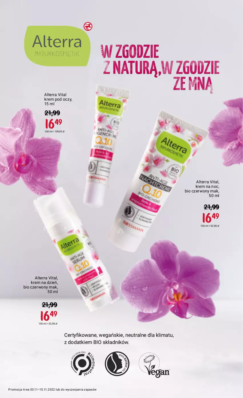 Gazetka promocyjna Rossmann - 3 listopada - ważna 03.11 do 15.11.2022 - strona 10 - produkty: Alterra, Krem na dzień, Krem na noc, Krem pod oczy