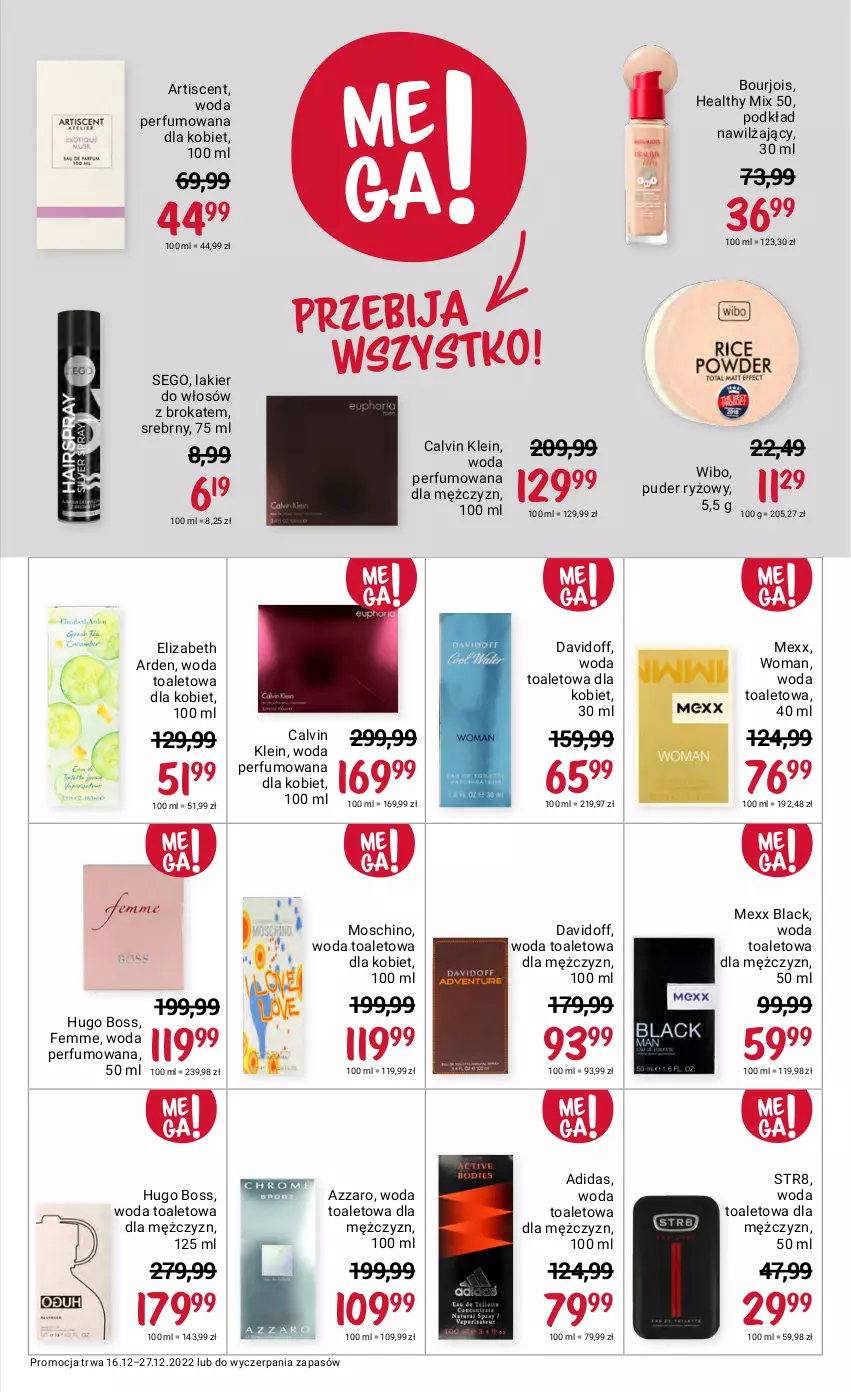 Gazetka promocyjna Rossmann - 16 grudnia - ważna 16.12 do 27.12.2022 - strona 5 - produkty: Adidas, Azzaro, Bourjois, Calvin Klein, Davidoff, Elizabeth Arden, Hugo Boss, Lack, Lakier, Lakier do włosów, Mexx, Moschino, Perfum, Podkład, Puder, Ryż, Str8, Wibo, Woda, Woda perfumowana, Woda toaletowa