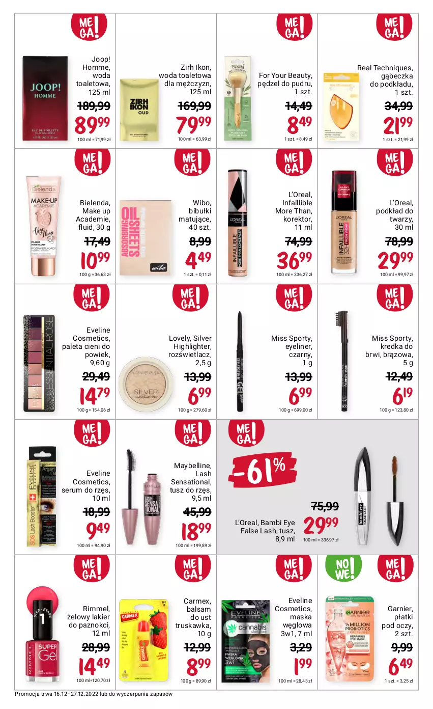 Gazetka promocyjna Rossmann - 16 grudnia - ważna 16.12 do 27.12.2022 - strona 6 - produkty: Balsam do ust, Bell, Bibułki, Bielenda, Eveline, Fa, For Your Beauty, Garnier, JOOP!, Kredka, Kredka do brwi, Lakier, Lakier do paznokci, Lovely, Maska, Maybelline, Miss Sporty, Paleta, Pędzel do pudru, Podkład, Podkład do twarzy, Por, Rozświetlacz, Rum, Sati, Ser, Serum, Sport, Tusz, Wibo, Woda, Woda toaletowa