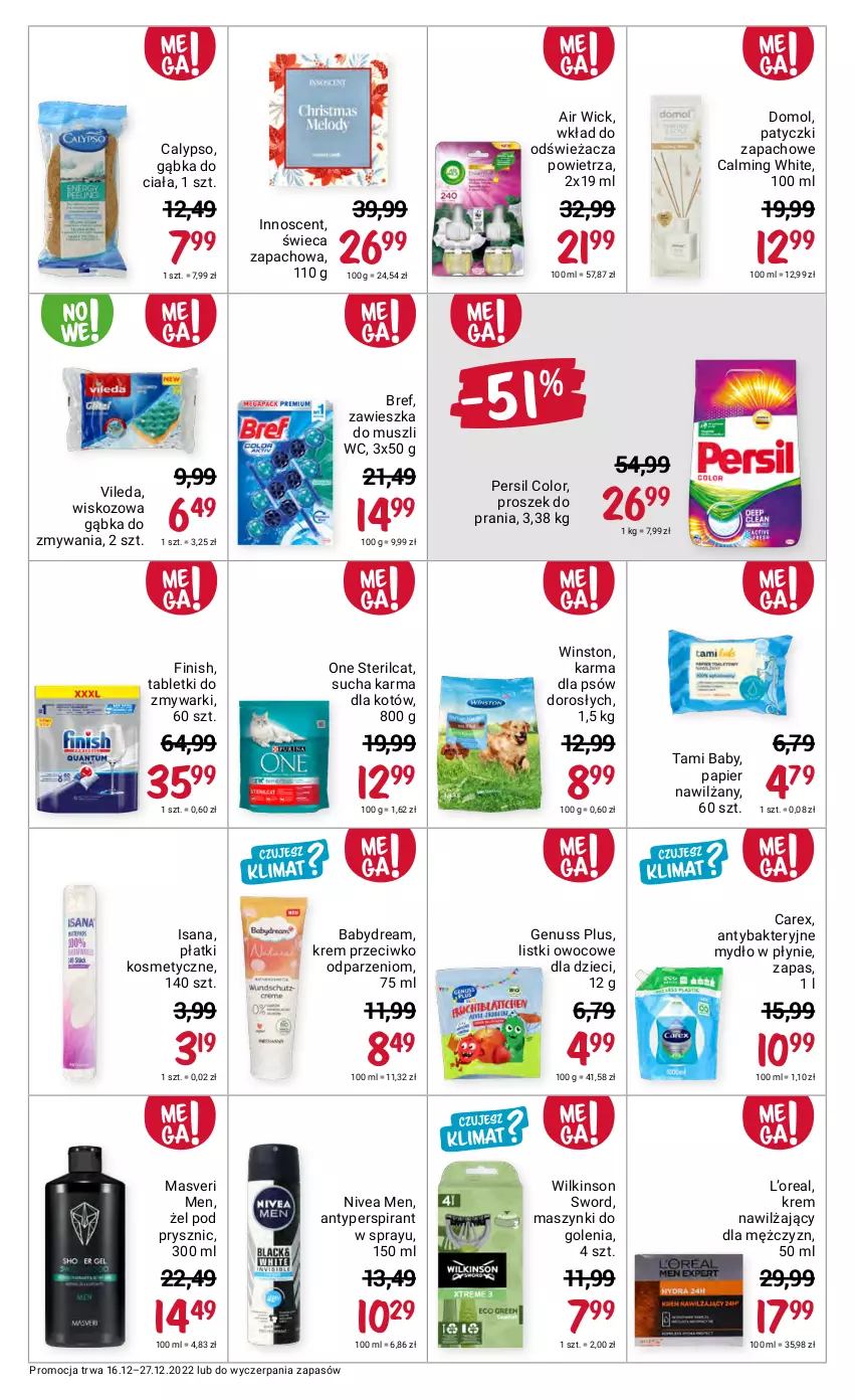 Gazetka promocyjna Rossmann - 16 grudnia - ważna 16.12 do 27.12.2022 - strona 8 - produkty: Air Wick, Antybakteryjne mydło, Antyperspirant, Babydream, Bref, Domol, Dzieci, Finish, Genuss Plus, Isana, Krem nawilżający, Mus, Mydło, Mydło w płynie, Nivea, Nivea Men, Papier, Persil, Płatki kosmetyczne, Proszek do prania, Sucha karma, Tablet, Tabletki do zmywarki, Vileda, Wilkinson Sword, Winston, Zmywarki