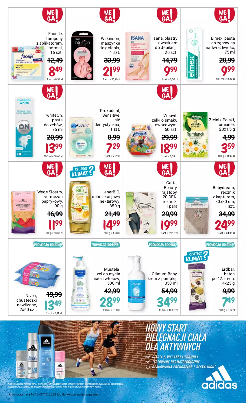 Gazetka promocyjna Rossmann - 16 grudnia - ważna 16.12 do 27.12.2022 - strona 9 - produkty: Babydream, Baton, Chusteczki, Elmex, Enerbio, Fa, Facelle, Gatta, Isana, Maszynka, Maszynka do golenia, Miód, Mus, Mustela, Nektar, Nić dentystyczna, Nivea, Oilatum, Pasta do zębów, Prokudent, Rajstopy, Ręcznik, Rum, Szynka, Tampony, Top