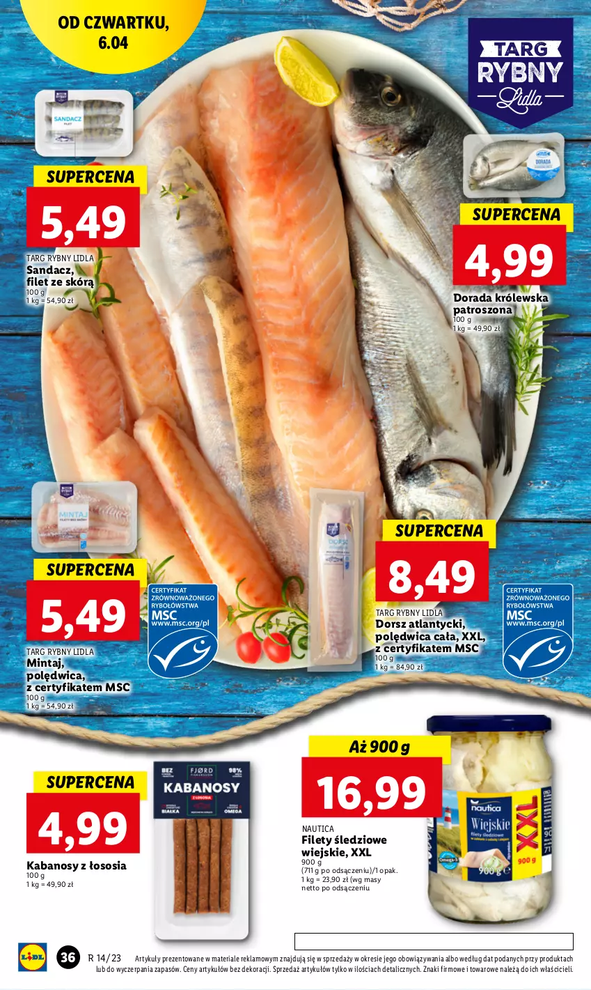 Gazetka promocyjna Lidl - GAZETKA - ważna 06.04 do 08.04.2023 - strona 38 - produkty: Dorsz, Kabanos, Mintaj, Polędwica, Sandacz, Sos