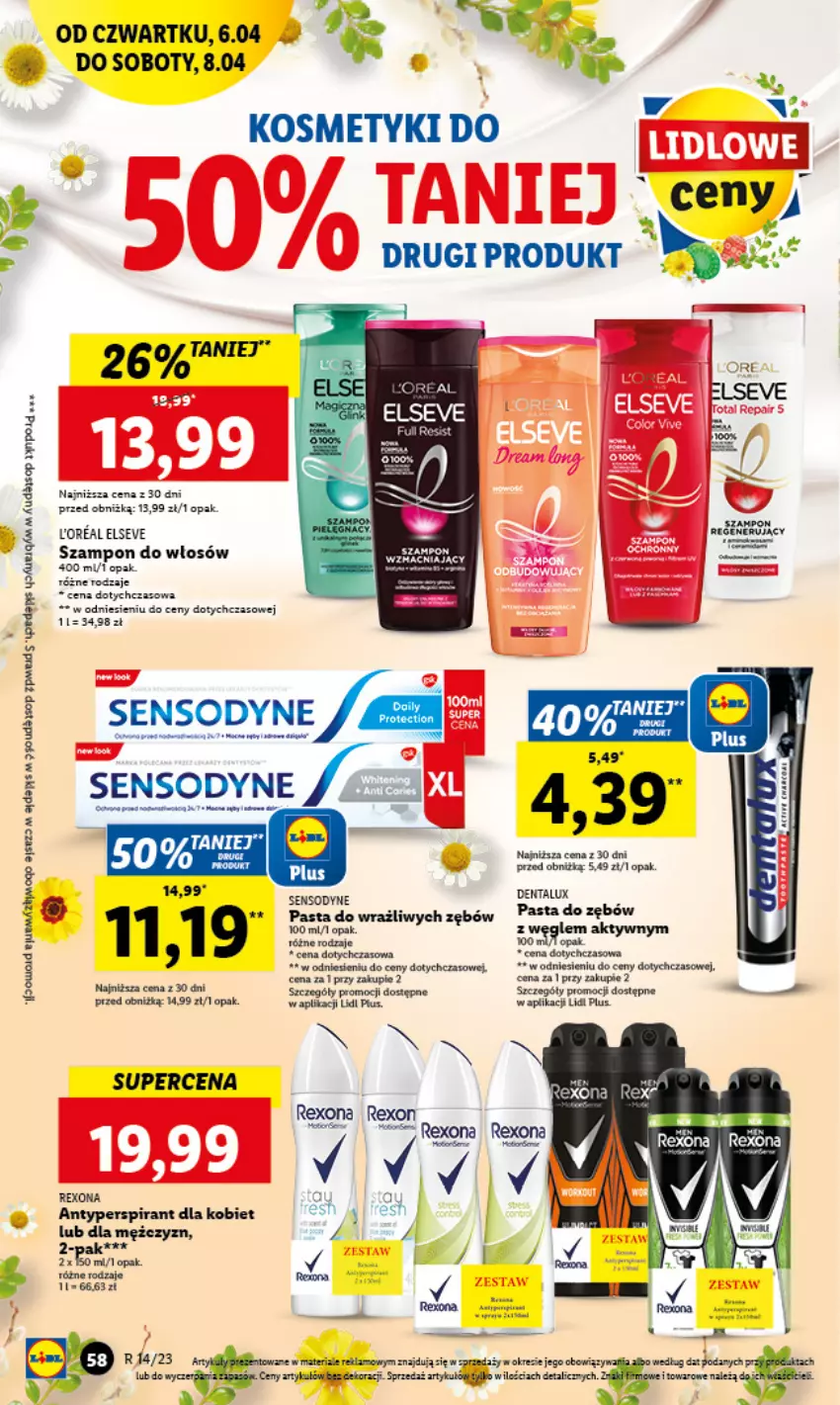 Gazetka promocyjna Lidl - GAZETKA - ważna 06.04 do 08.04.2023 - strona 60 - produkty: Antyperspirant, Elseve, Pasta do zębów, Rexona, Sensodyne, Szampon