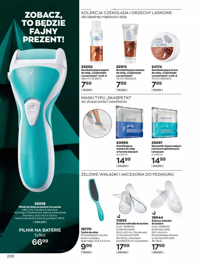 Gazetka promocyjna Avon - Katalog Avon 12/2021 kampania grudzień - ważna 01.12 do 31.12.2021 - strona 226 - produkty: Czekolada, Karp, Krem do stóp, LEGO, Maska, Maska do stóp, Papier, Pilnik, Skarpetki, Sok, Tarka, Wkładki