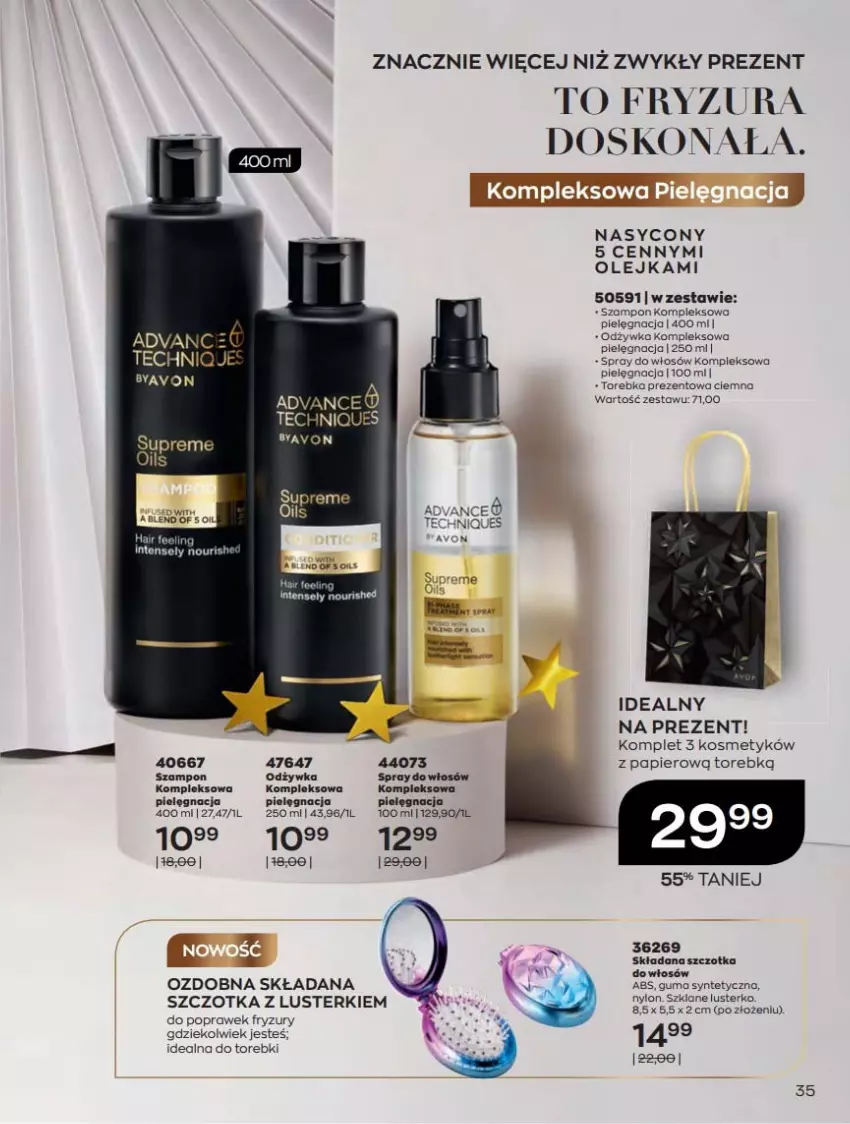 Gazetka promocyjna Avon - Katalog Avon 12/2021 kampania grudzień - ważna 01.12 do 31.12.2021 - strona 35 - produkty: Odżywka, Olej, Papier, Szampon, Szczotka, Szczotka do włosów, Torebka