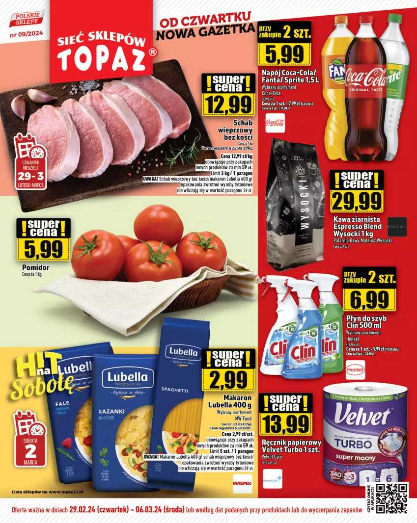 Gazetka promocyjna Topaz - Gazetka - ważna 29.02 do 06.03.2024 - strona 1 - produkty: Bell, Bella, Lubella, Makaron, Schab wieprzowy, Waga