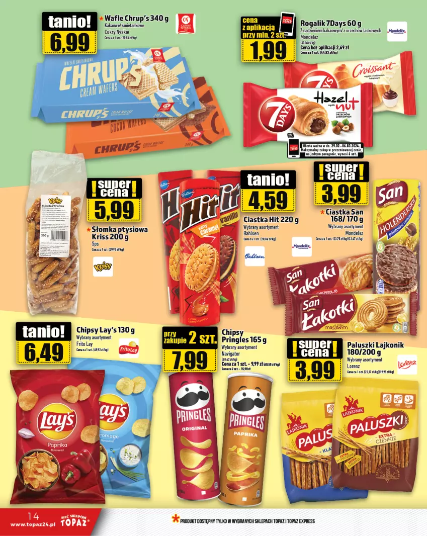 Gazetka promocyjna Topaz - Gazetka - ważna 29.02 do 06.03.2024 - strona 14 - produkty: Chipsy, Ciastka, Kakao, Lajkonik, Rogal, Top, Wafle