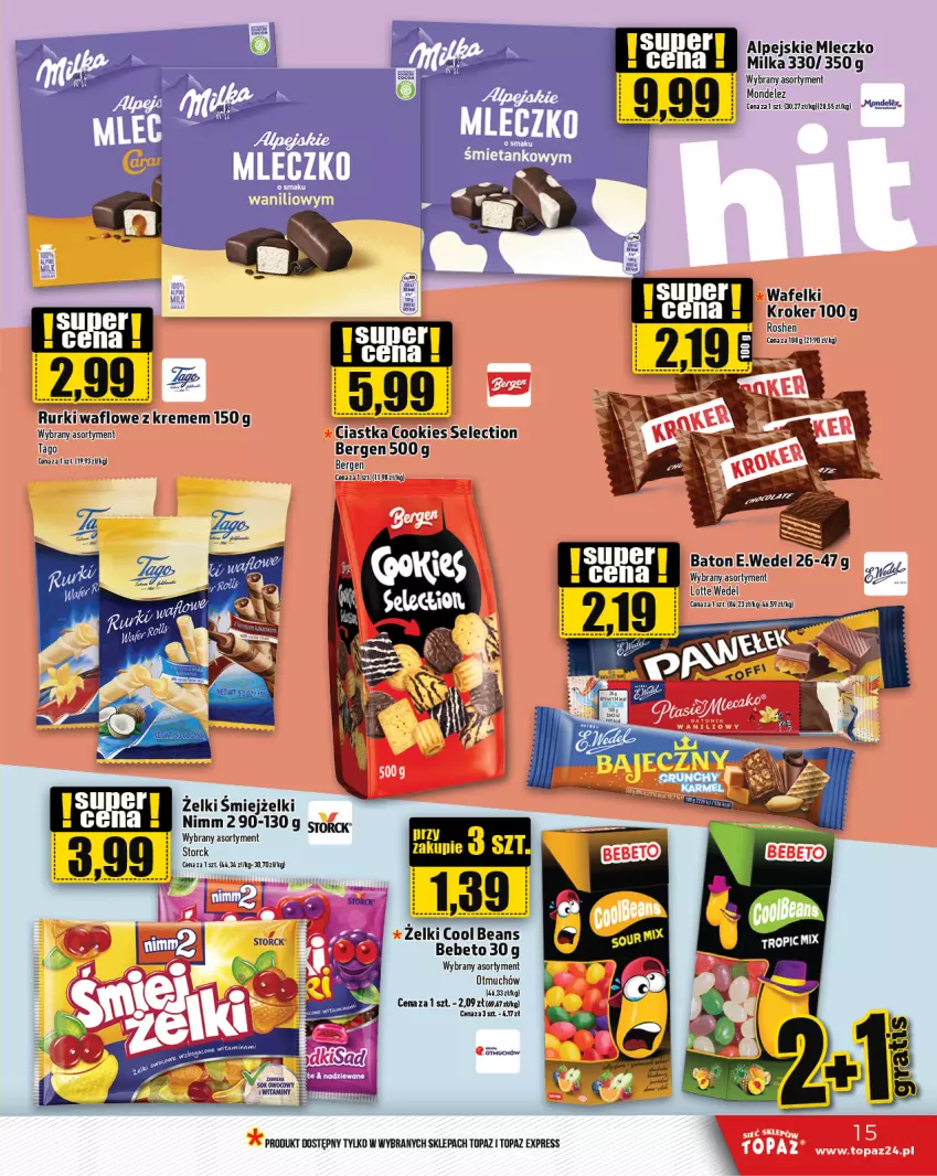 Gazetka promocyjna Topaz - Gazetka - ważna 29.02 do 06.03.2024 - strona 15 - produkty: Baton, Ciastka, Milka, Mleczko, Rurki, Tago, Top