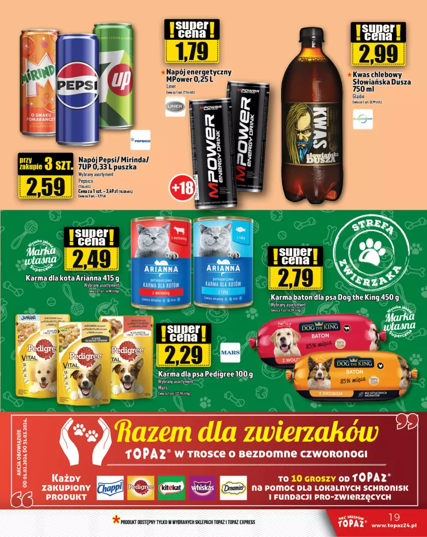 Gazetka promocyjna Topaz - Gazetka - ważna 29.02 do 06.03.2024 - strona 19 - produkty: 7up, Baton, Baton dla psa, Chleb, Mars, Mirinda, Napój, Napój energetyczny, Pedigree, Pepsi, Top