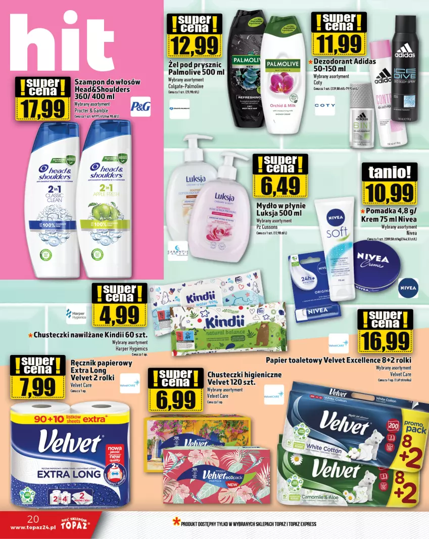 Gazetka promocyjna Topaz - Gazetka - ważna 29.02 do 06.03.2024 - strona 20 - produkty: Adidas, Chusteczki, Kindii, Luksja, Mydło, Nivea, Palmolive, Papier, Papier toaletowy, Ręcznik, Rolki, Szampon, Top, Velvet