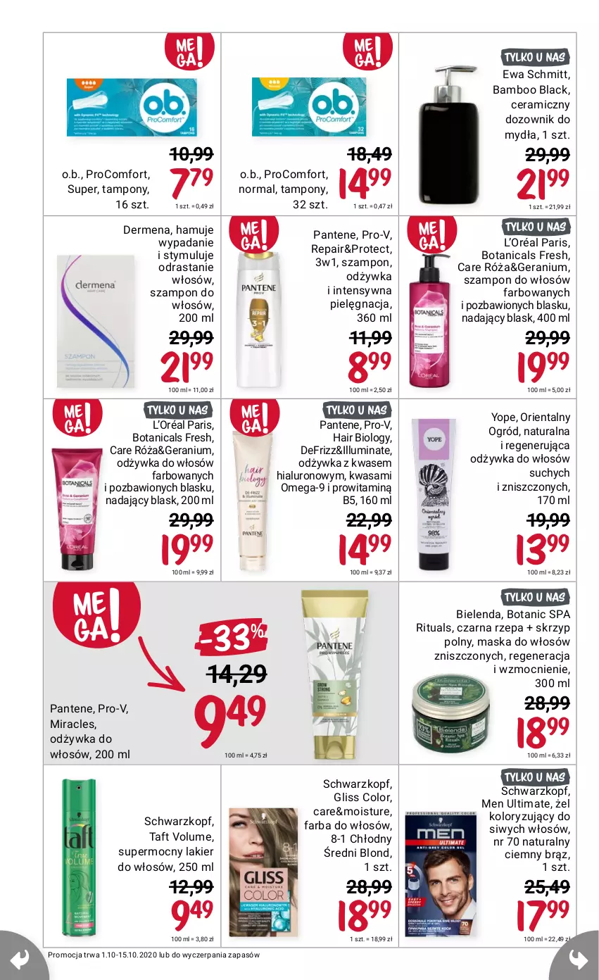 Gazetka promocyjna Rossmann - 1 Październik - ważna 01.10 do 15.10.2021 - strona 10 - produkty: Bielenda, Dermena, Dozownik, Ewa Schmitt, Fa, L’Oréal, Lack, Lakier, O.B., Ogród, Pantene, Schwarzkopf, Szampon, Taft, Tampony, Wasa, Yope