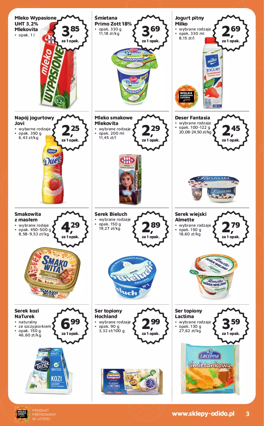 Gazetka promocyjna Odido - Gazetka - ważna 22.09 do 05.10.2023 - strona 3 - produkty: Almette, Bieluch, Deser, Fa, Fanta, Hochland, Jogurt, Jogurt pitny, Mleko, Mleko smakowe, Mlekovita, Napój, Napój jogurtowy, NaTurek, Ser, Ser topiony, Serek, Serek wiejski, Smakowita, Top, Zott