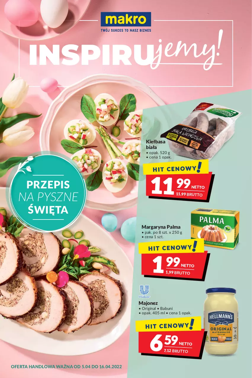 Gazetka promocyjna Makro - [Oferta promocyjna] Artykuły spożywcze i przemysłowe - ważna 05.04 do 18.04.2022 - strona 1 - produkty: Babuni, Gin, Kiełbasa, Kiełbasa biała, Majonez, Margaryna, Palma