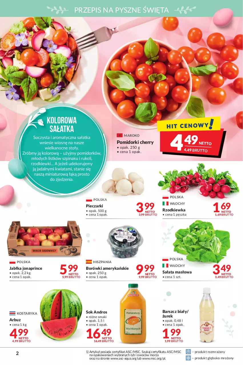 Gazetka promocyjna Makro - [Oferta promocyjna] Artykuły spożywcze i przemysłowe - ważna 05.04 do 18.04.2022 - strona 2 - produkty: Arbuz, Jabłka, Masło, Piec, Pomidorki, Rzodkiewka, Sałat, Sałata masłowa, Sałatka, Sok, Szpinak