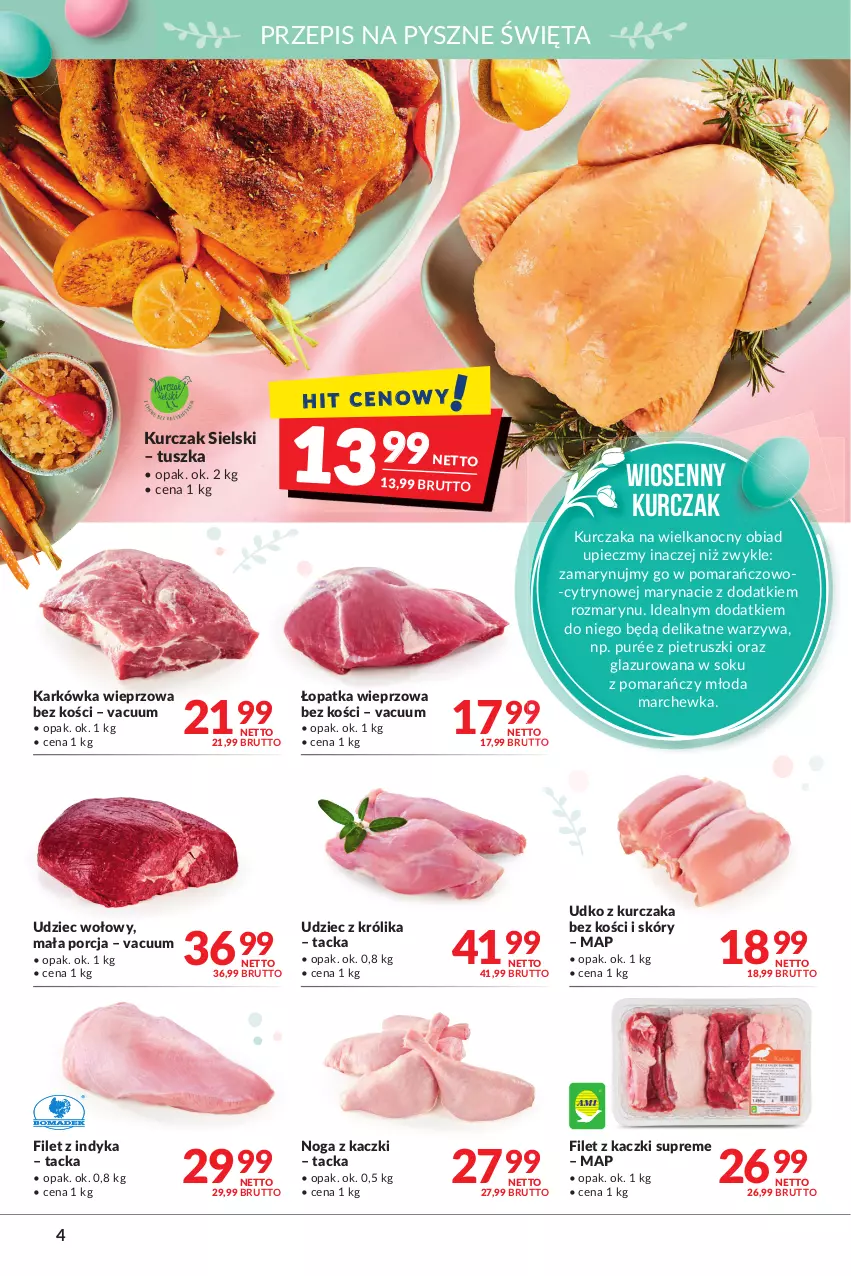 Gazetka promocyjna Makro - [Oferta promocyjna] Artykuły spożywcze i przemysłowe - ważna 05.04 do 18.04.2022 - strona 4 - produkty: Karkówka wieprzowa, Królik, Kurczak, Lazur, Marchewka, Noga z kaczki, Piec, Por, Pur, Sok, Tusz, Udziec wołowy, Warzywa