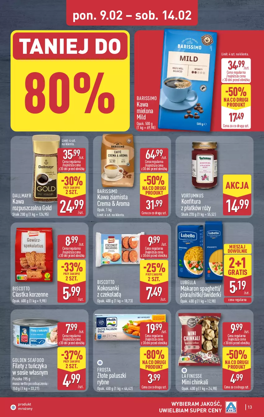 Gazetka promocyjna Aldi - Pełna oferta - ważna 09.02 do 14.02.2026 - strona 13 - produkty: Bell, Bella, Ciastka, Dallmayr, Frosta, Golden Seafood, Gra, Inka, Kawa, Kawa mielona, Kawa rozpuszczalna, Kawa ziarnista, Kokos, Konfitura, Lubella, Makaron, Paluszki rybne, Sanki, Sos, Spaghetti, Tuńczyk