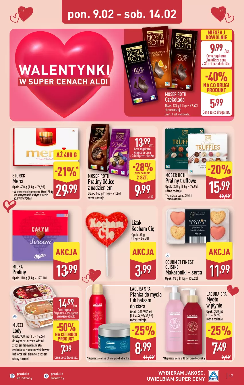 Gazetka promocyjna Aldi - Pełna oferta - ważna 09.02 do 14.02.2026 - strona 17 - produkty: Balsam do ciała, Czekolada, Koc, Lody, Makaron, Merci, Milka, Moser Roth, Mydło, Mydło w płynie, Orzeszki, Orzeszki ziemne, Praliny, Ser, Sos